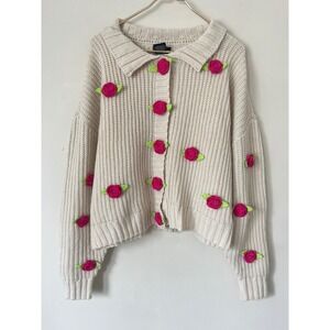 Sweet Society Cream Ribbed Knit Cardigan Pink 3D Rose Floral Cottagecore Boho XL